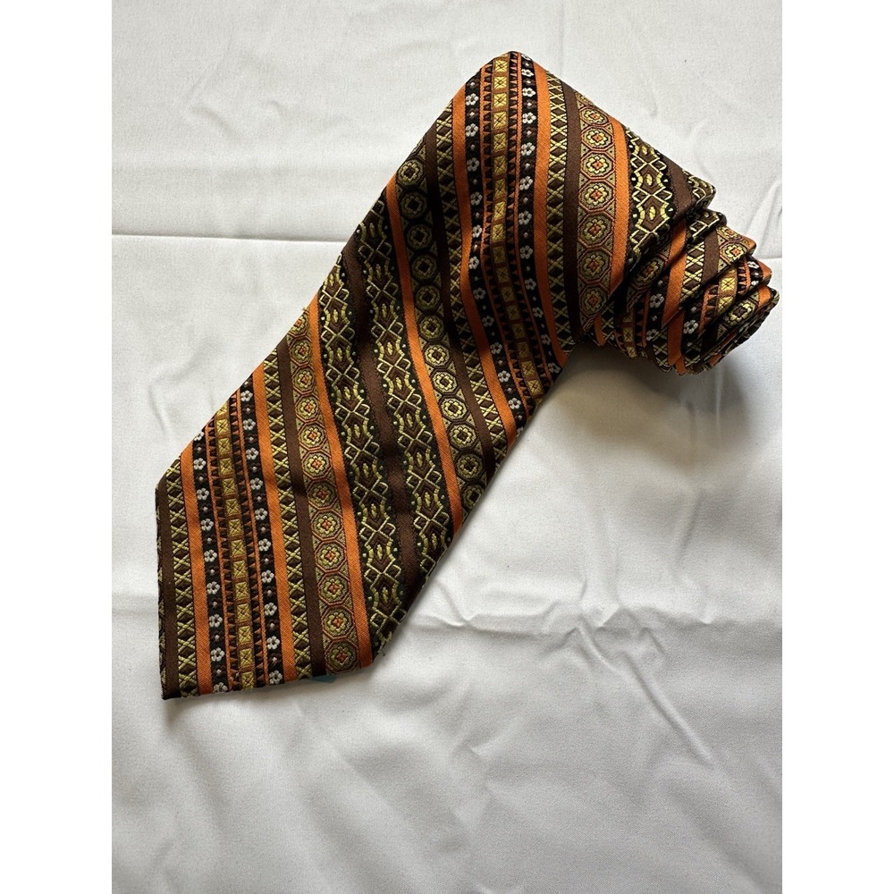 Vintage Don Loper of California Brown Orange Geometric Tapestry Wide Tie 70s MCM